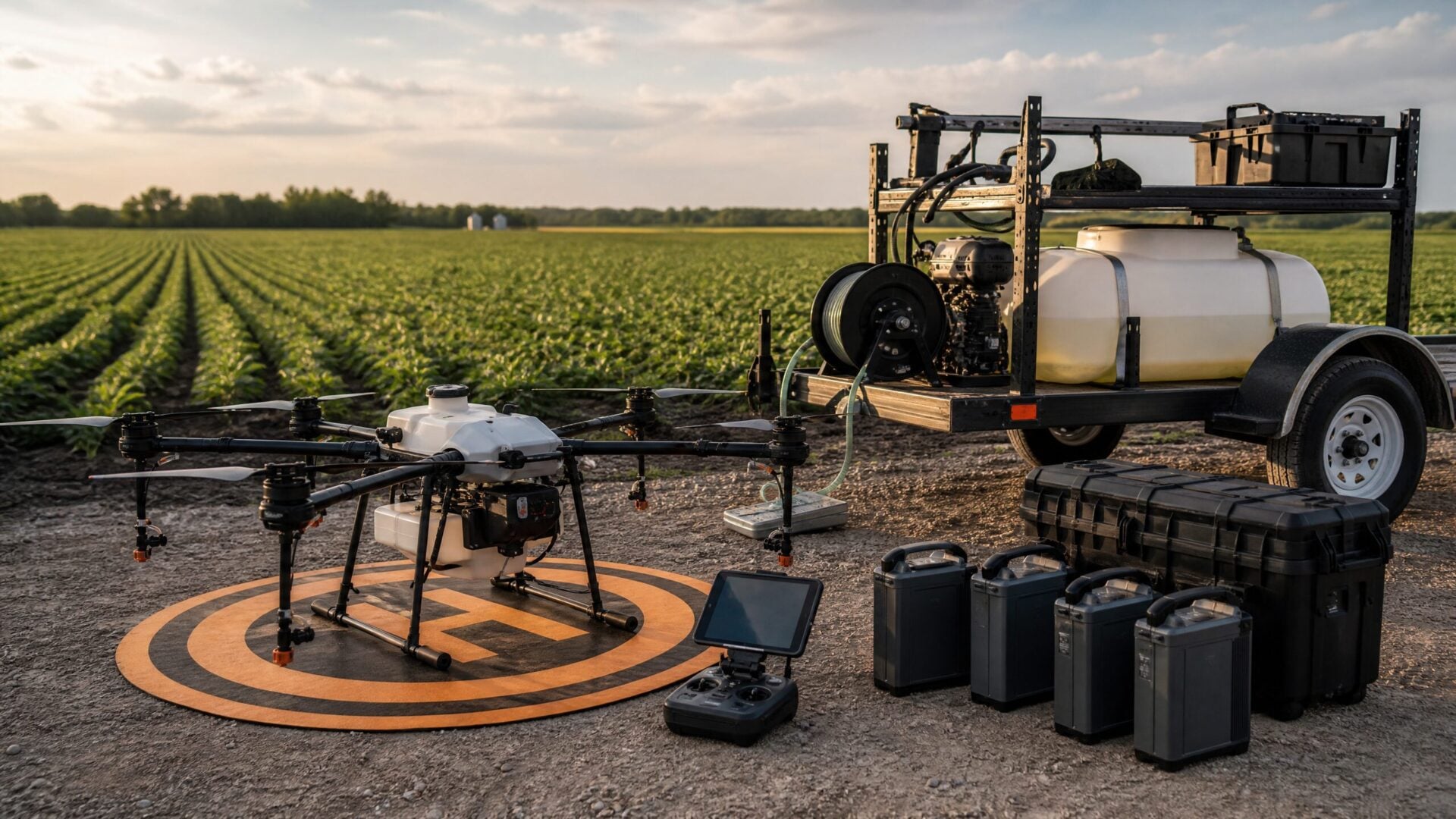 Agricultural spray drone equipment setup with batteries controller trailer and crop field