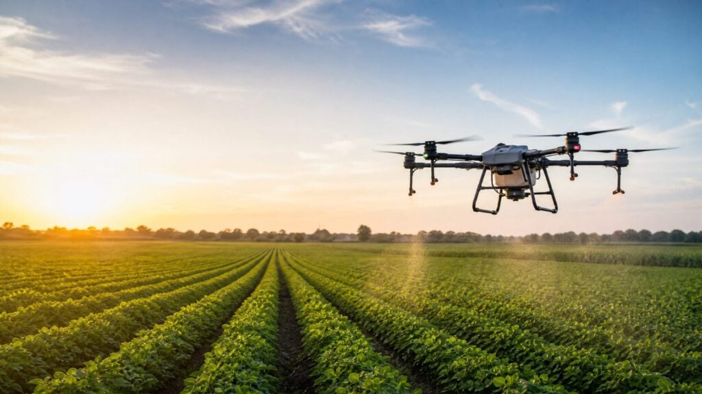 Agricultural drone flying over green crop rows at golden hour
