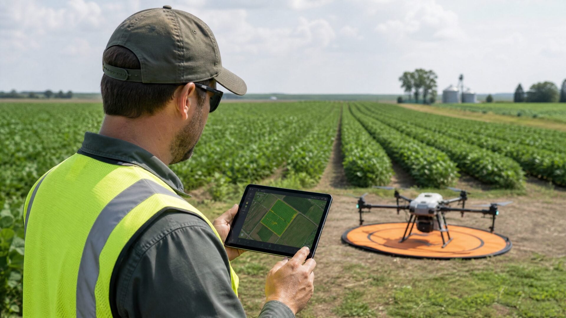 Drone pilot reviewing agricultural field map on a tablet beside crop rows