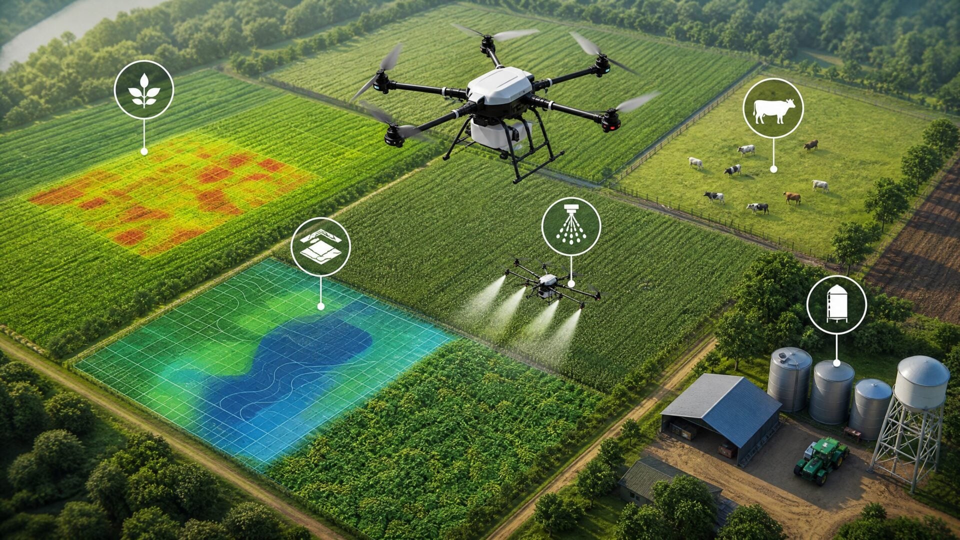 Agricultural drone visual showing crop scouting mapping spraying livestock monitoring and farm asset inspection