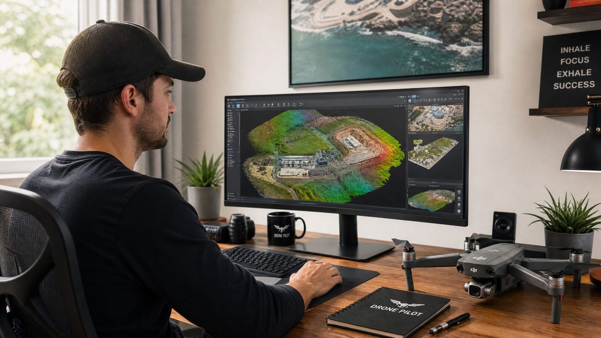 Freelance drone pilot reviewing 3D mapping data on a monitor in home office