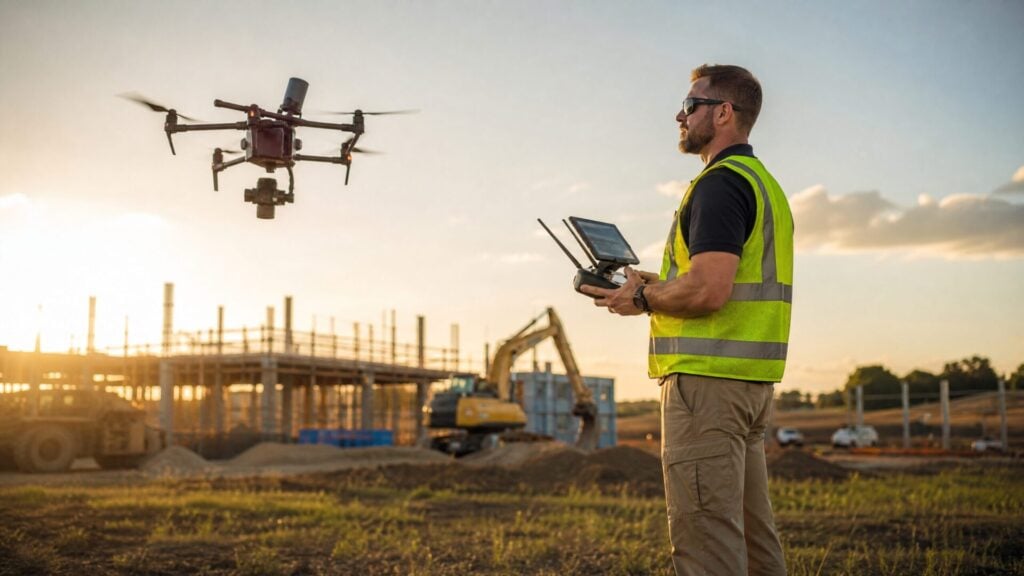 Professional drone pilot operating an enterprise drone at a construction site