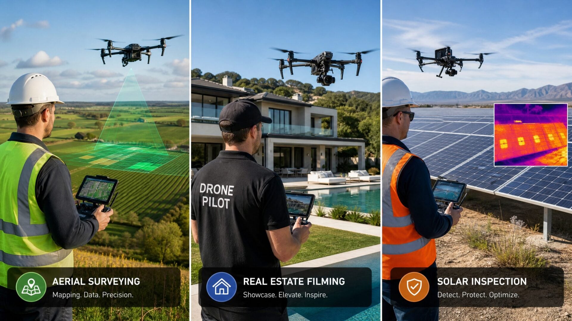 Three different drone pilot career paths: aerial surveying, real estate filming, and solar inspection