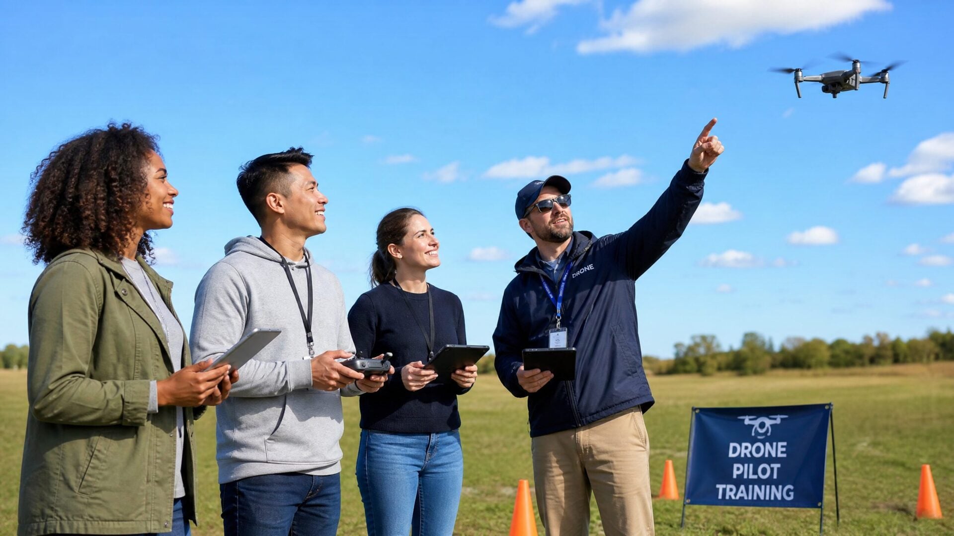 Drone pilot students in an outdoor training session with instructor