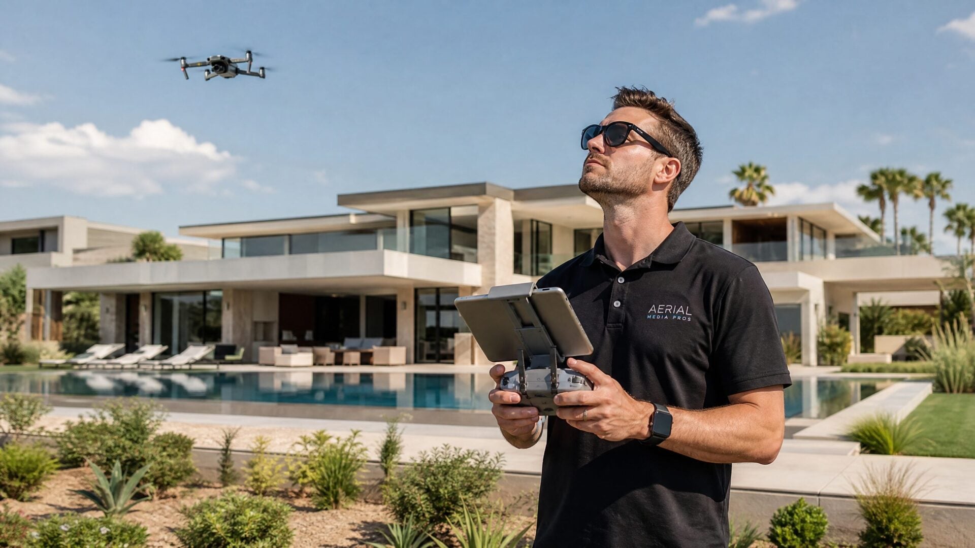 Professional drone pilot operating a drone at a luxury real estate property