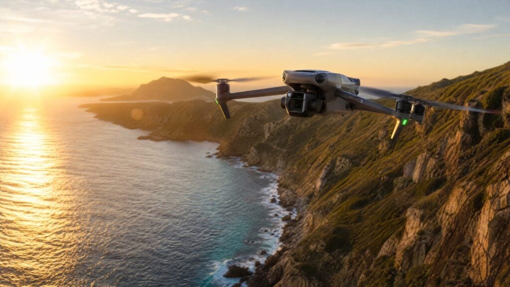 A professional drone capturing cinematic aerial video footage over a coastal landscape at golden hour