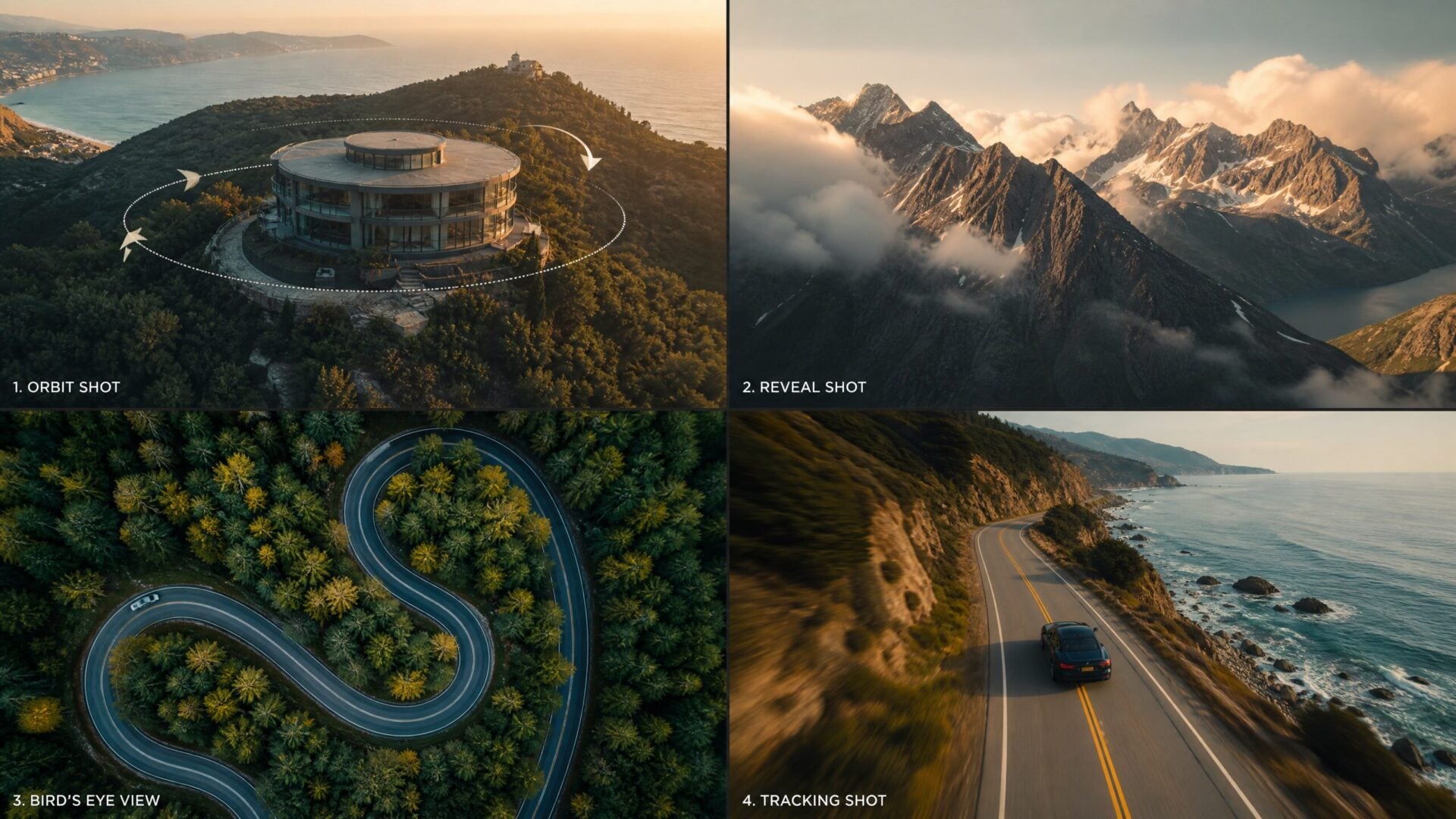 Four essential drone videography shots: orbit, reveal, bird's eye view, and tracking shot