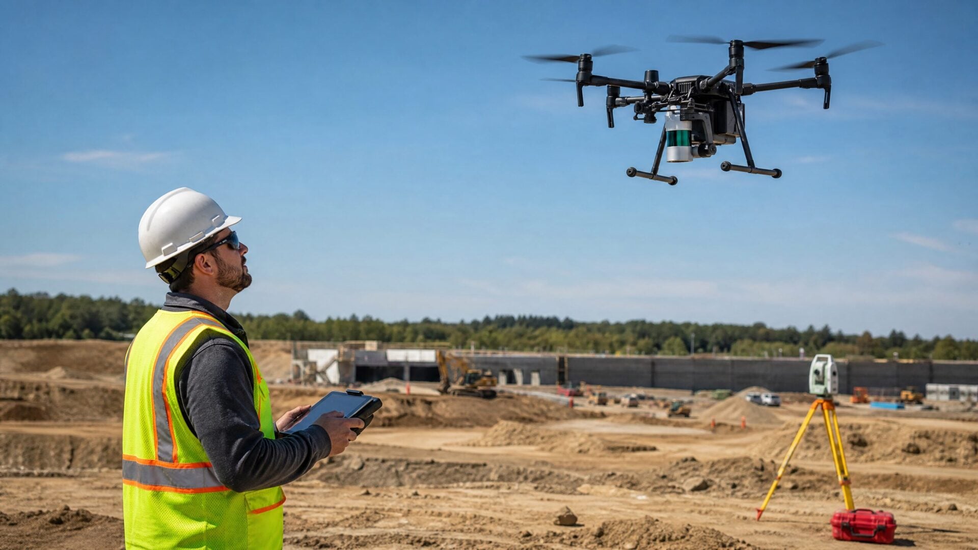 Professional drone pilot operating a LiDAR-equipped drone at a construction site