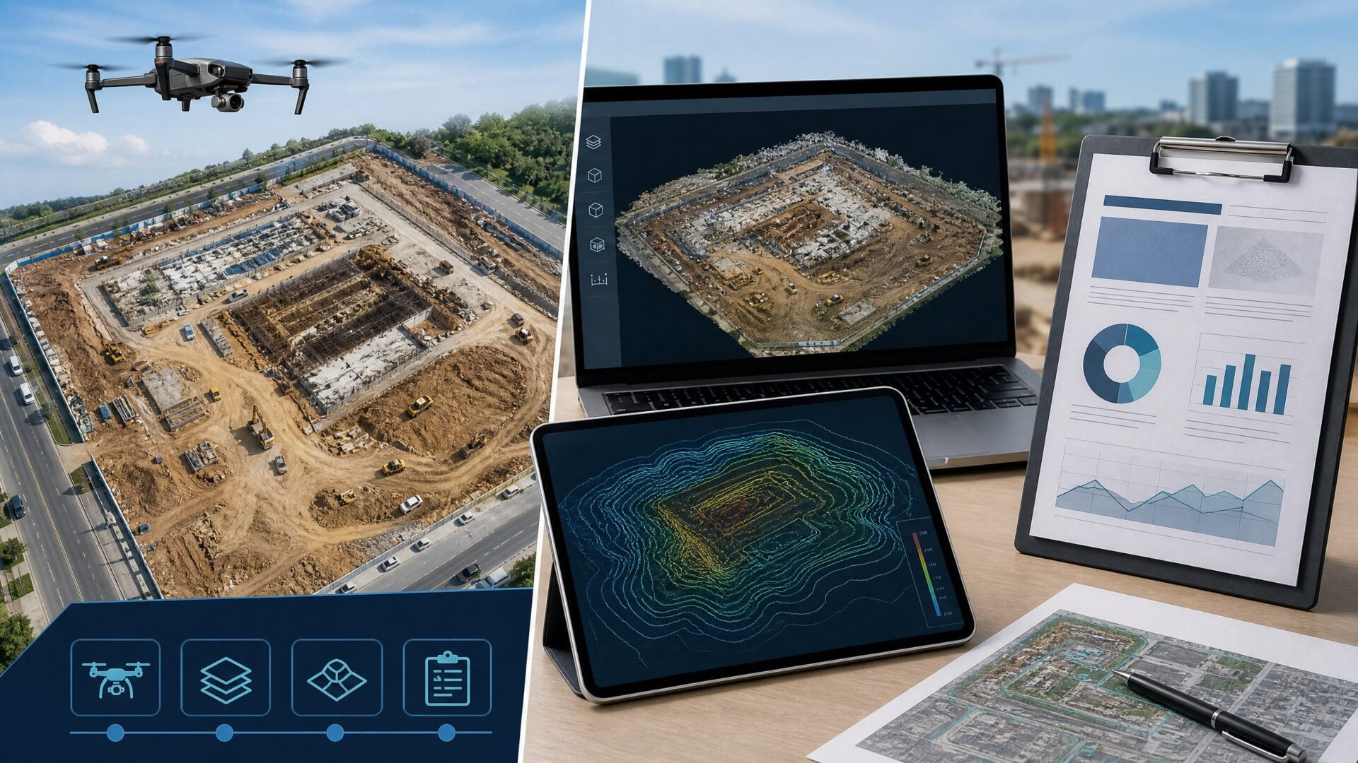 Drone mapping deliverables including an orthomosaic, 3D model, contour map, and client report visuals