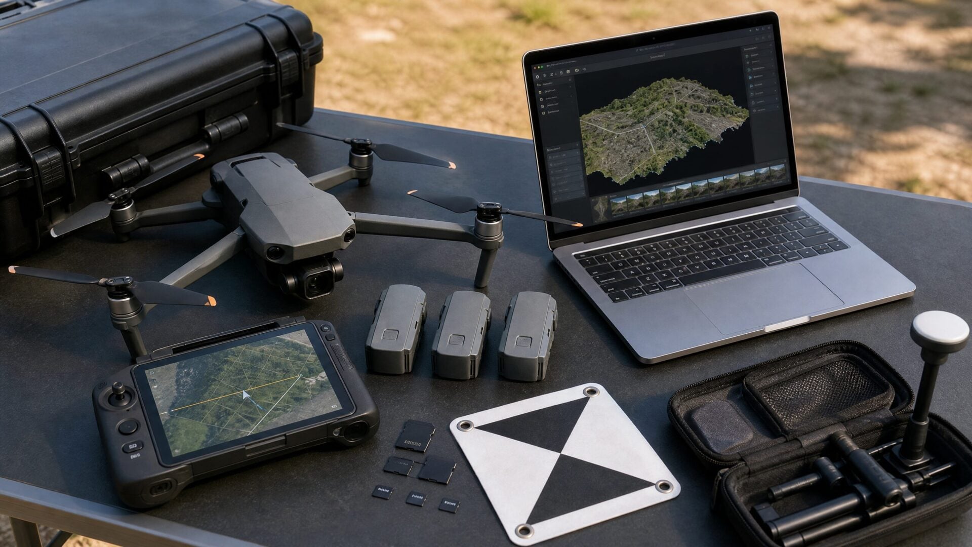 Drone mapping equipment including a drone, controller, laptop, batteries, and ground control point marker
