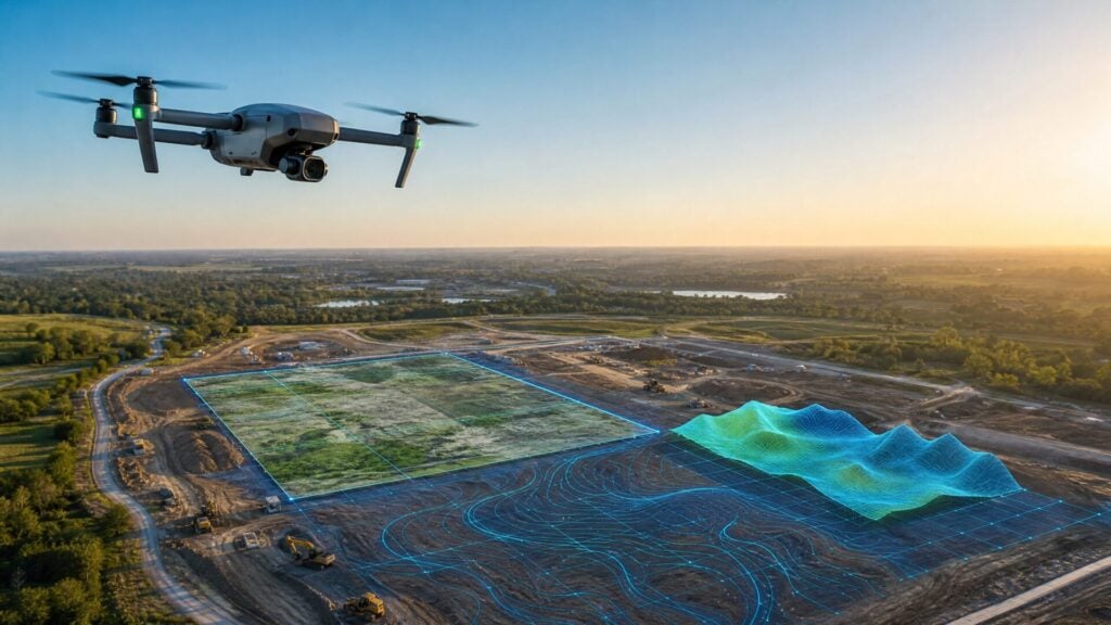 Drone flying over a construction site with mapping overlays and a 3D terrain model visualization