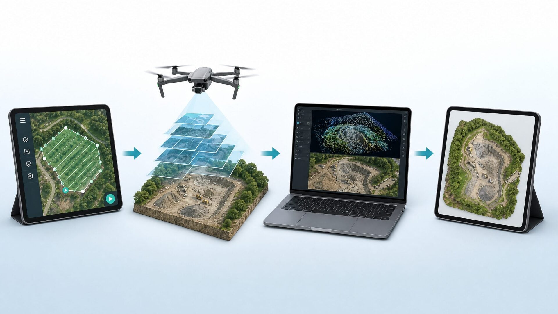 Visual workflow showing drone mapping from flight planning to data capture, processing, and final map deliverable