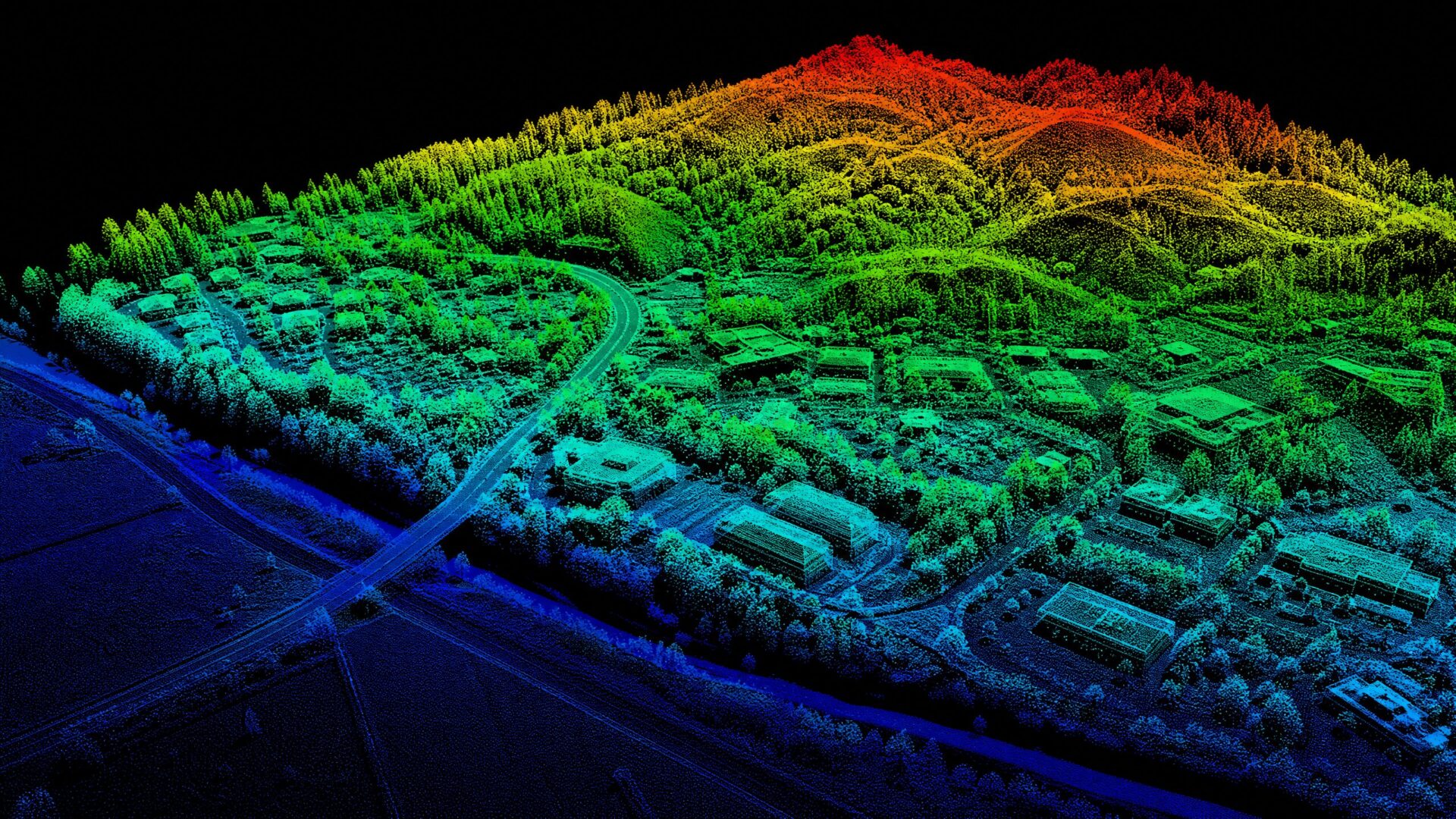 3D LiDAR point cloud visualization showing terrain elevation data collected by drone