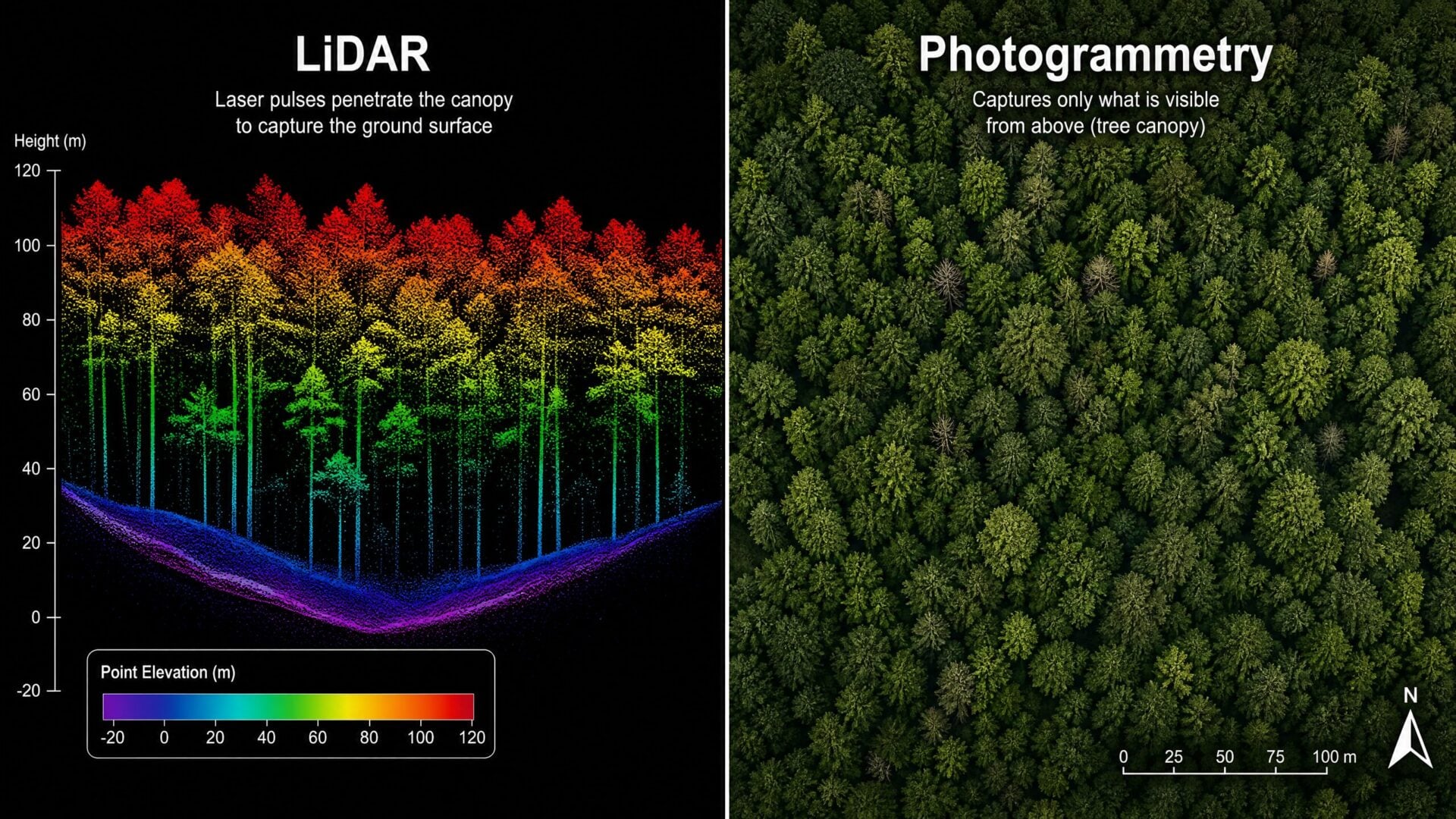 Side-by-side comparison of LiDAR point cloud data versus photogrammetry aerial imagery showing the difference in vegetation penetration