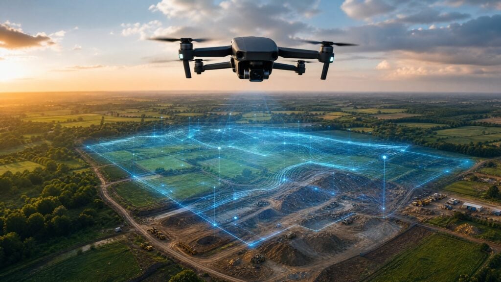 Best drone mapping software 2026 - drone flying over terrain with digital orthomosaic map overlay