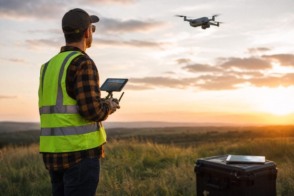 Commercial drone pilot in a safety vest flying a quadcopter at golden hour on a professional job site