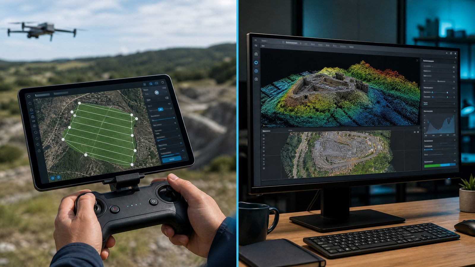 Drone mapping flight planning app on tablet compared with photogrammetry processing software on desktop