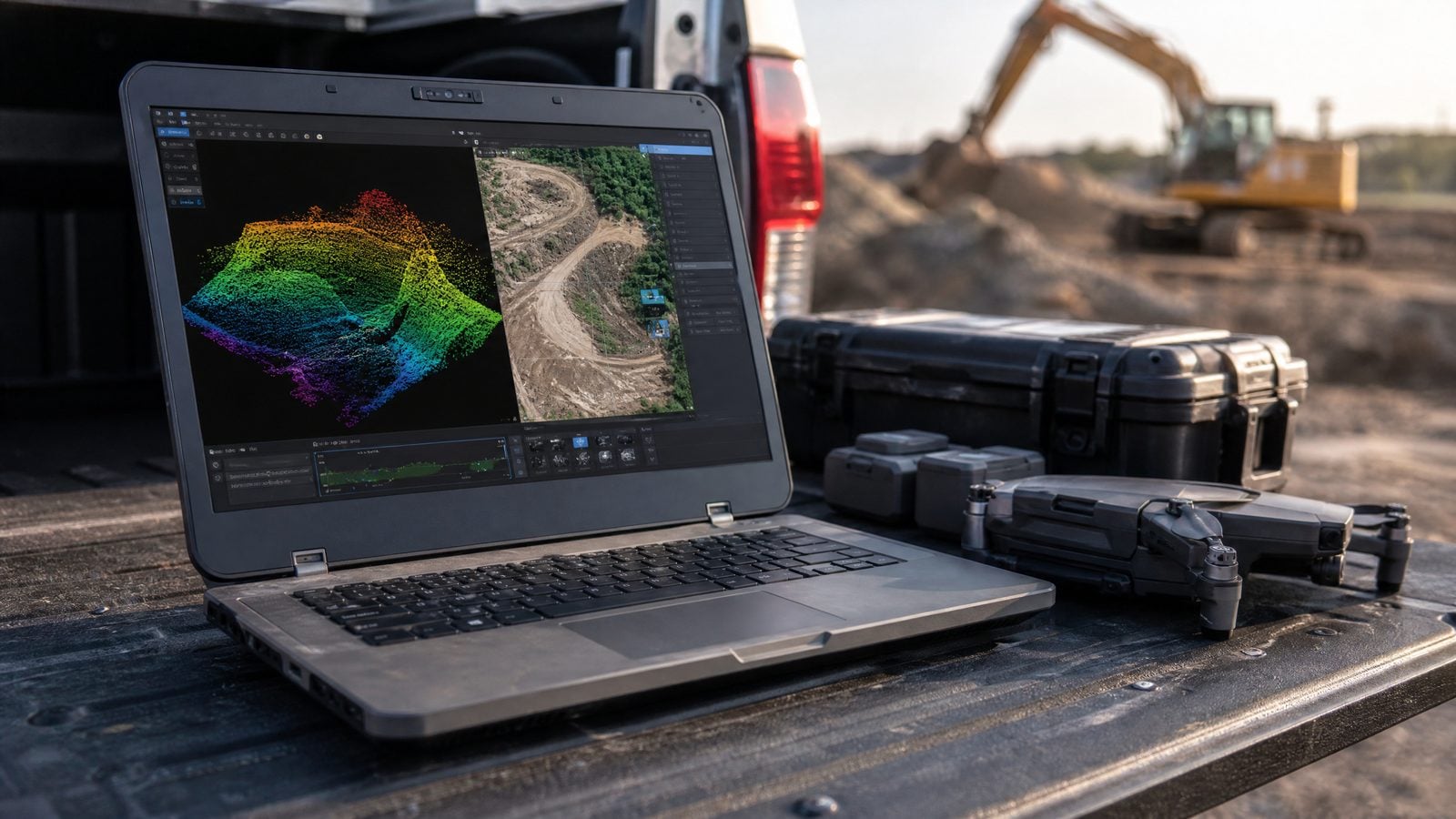 Laptop running drone mapping software showing a 3D point cloud and orthomosaic on a construction site