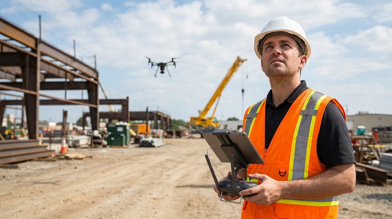 Licensed commercial drone pilot in hard hat and safety vest operating a drone on an active construction site