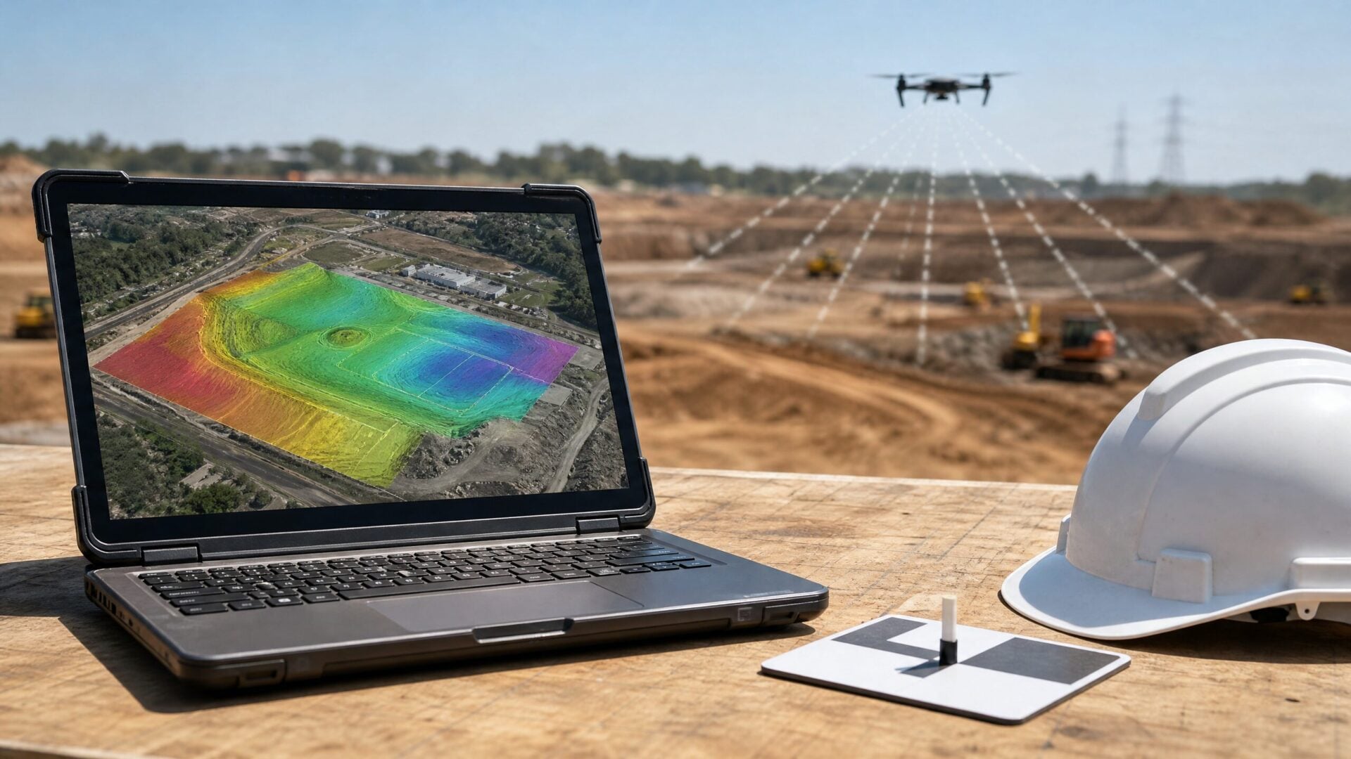 Laptop displaying a 3D drone-generated elevation map of a construction site with a mapping drone flying a grid pattern in the background