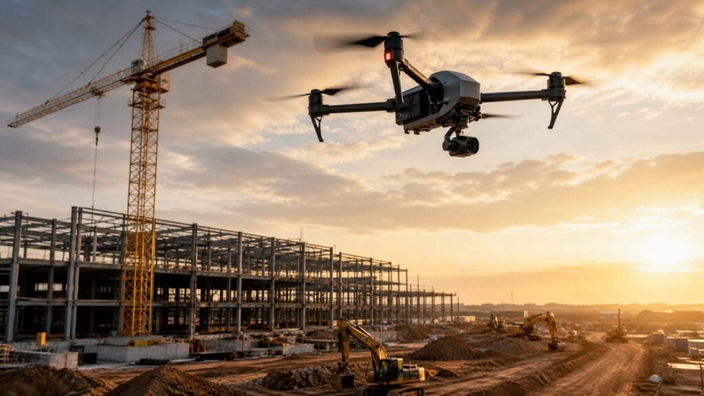 Professional enterprise drone hovering above an active construction site with a tower crane and steel framework at golden hour