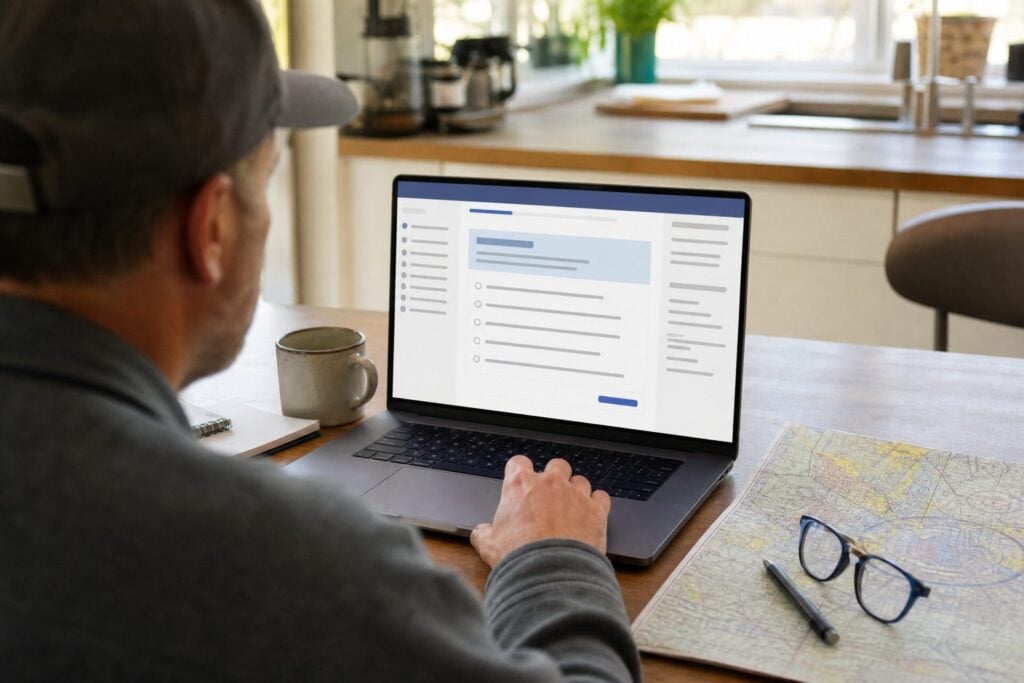 Drone pilot taking the FAA ALC-677 recurrent training quiz on a laptop with a sectional chart and reading glasses on the table