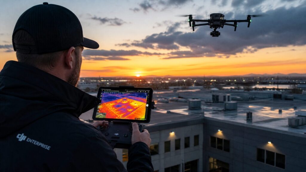 Drone pilot operating thermal imaging drone over commercial building at dusk