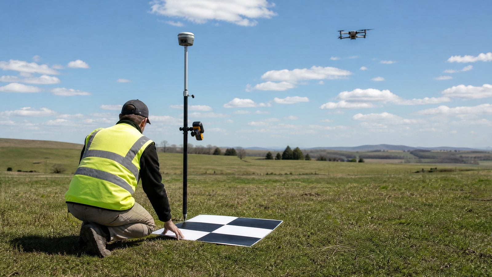 Drone pilot placing a ground control point marker with RTK GNSS receiver for accurate drone mapping