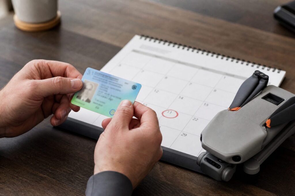 Pilot holding a remote pilot certificate card above a calendar with a renewal deadline circled and a folded drone on the desk