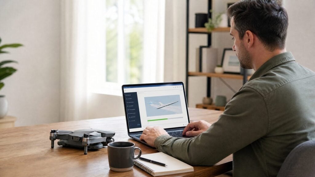 Drone pilot completing the free FAA Part 107 renewal training online at a home office desk with a folded drone nearby