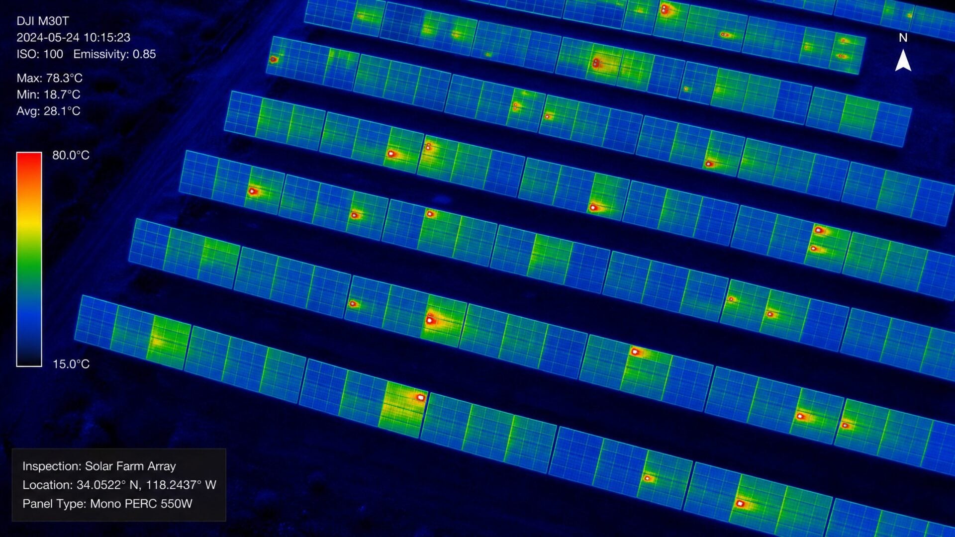 Thermal imaging of solar panel array from drone showing hot spots indicating faulty cells
