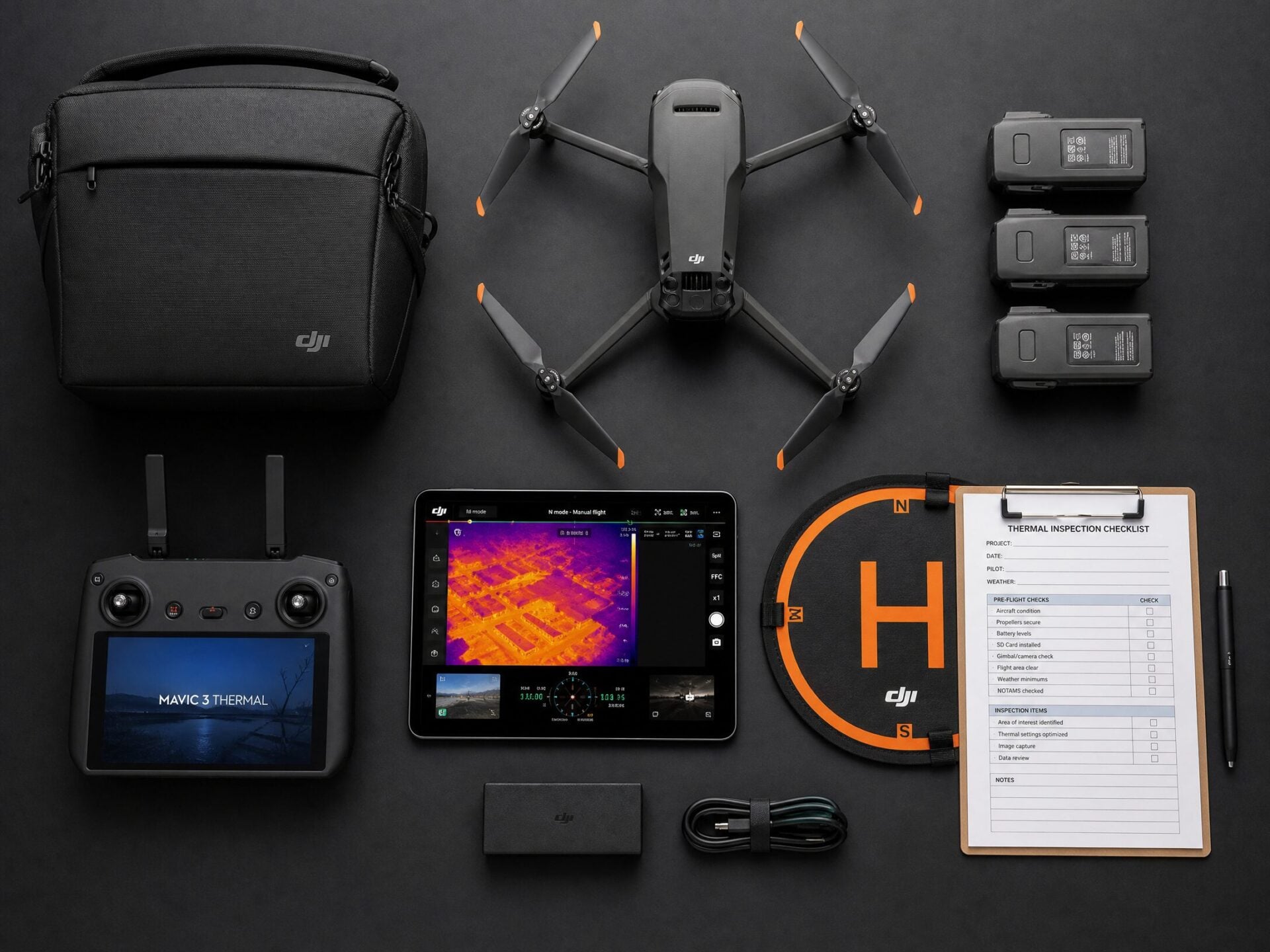 Professional drone thermal imaging equipment flat lay including DJI Mavic 3 Thermal drone and accessories