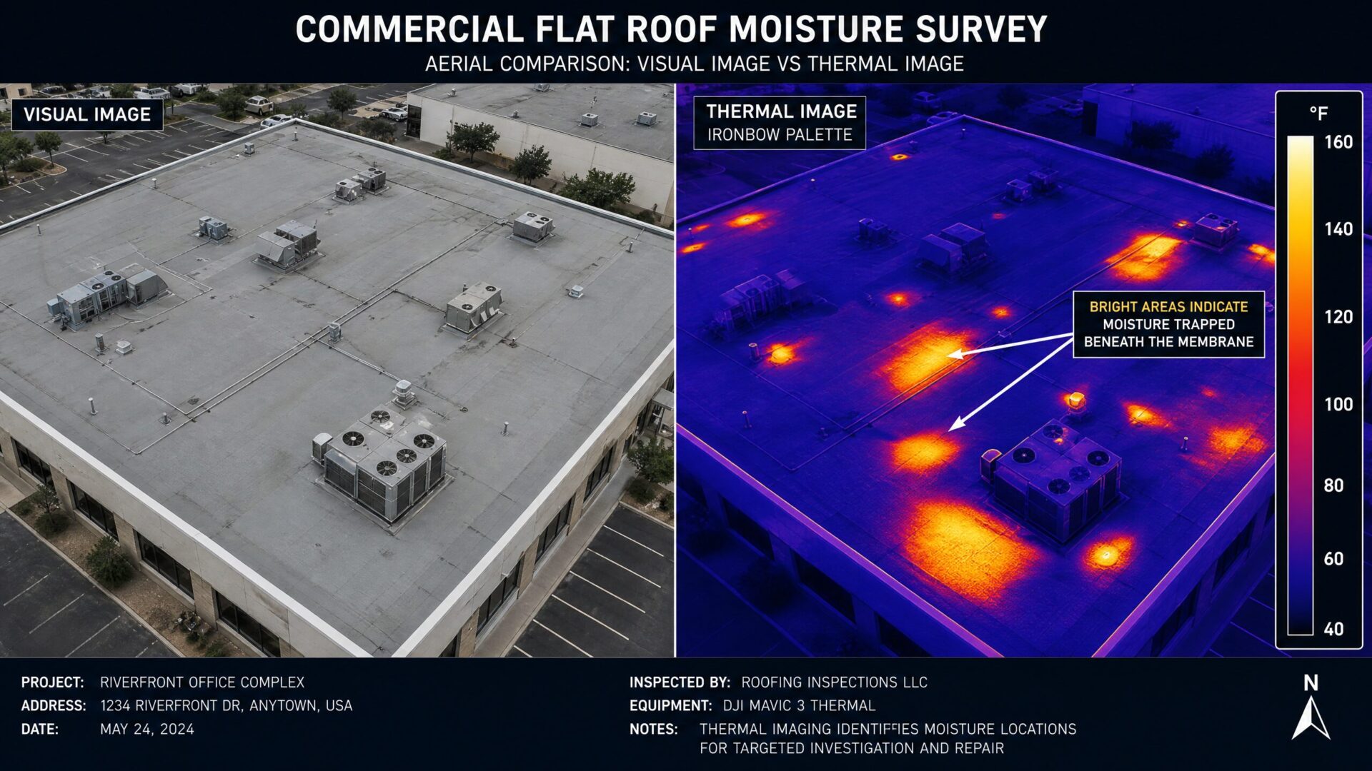 Split comparison of visual and thermal aerial image of commercial roof showing moisture detection