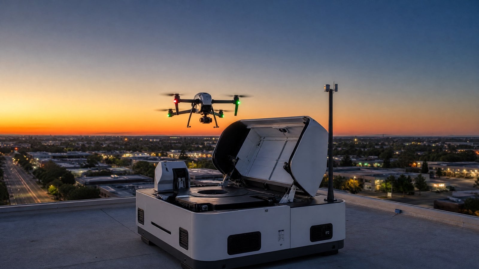 Drone as First Responder docking station launching a public safety drone over a suburban area in 2026