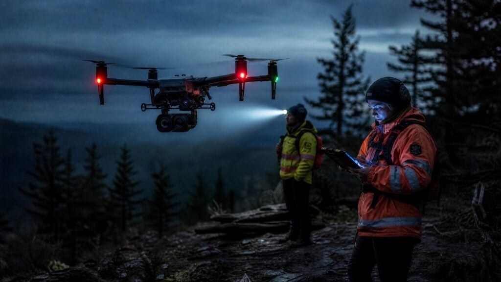 Search and rescue drone team launching a thermal drone at night during a wilderness search
