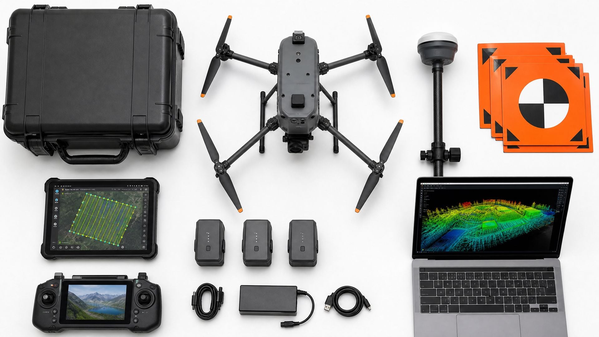 Professional drone surveying equipment flat lay including mapping drone, RTK rover, GCP targets, and laptop with point cloud