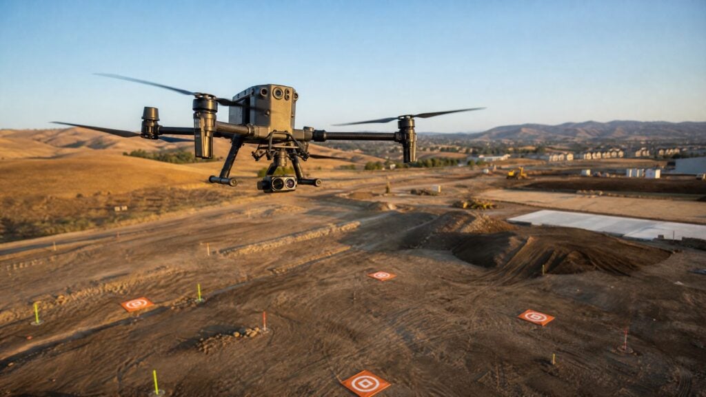 Enterprise drone flying over construction site with ground control points for aerial surveying