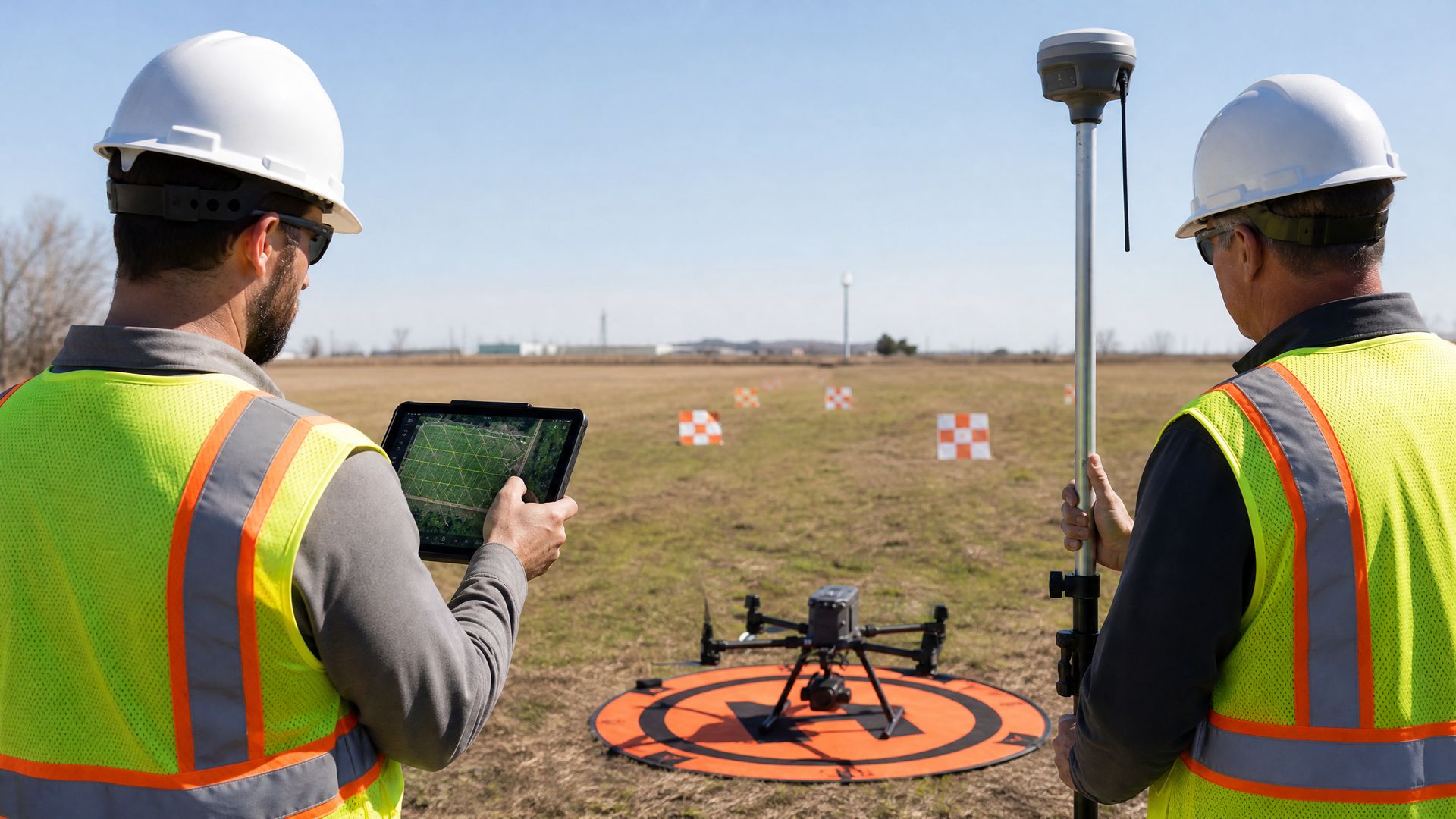 Drone pilot and surveyor working together at job site with tablet flight planning and RTK GPS rover