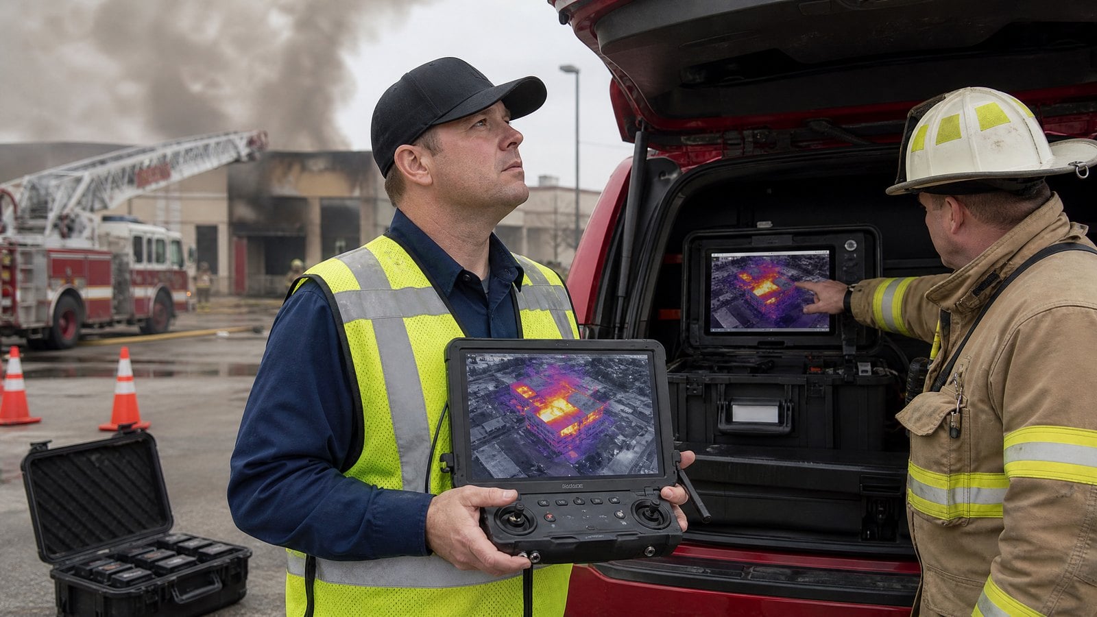 Fire department drone pilot holding a controller with a live thermal feed while an incident commander reviews the same video on a tablet at the command vehicle