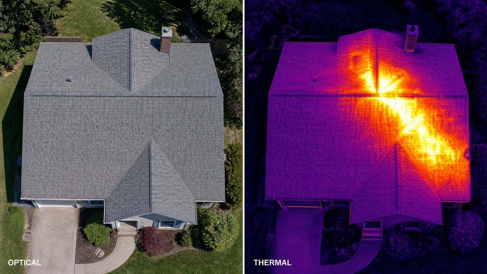 Side-by-side optical and thermal drone images of the same house roof, with the thermal view revealing a hot spot spreading through the attic