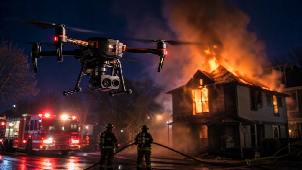 Public safety firefighting drone with a thermal camera hovering above a burning two-story house at night as firefighters advance a hoseline