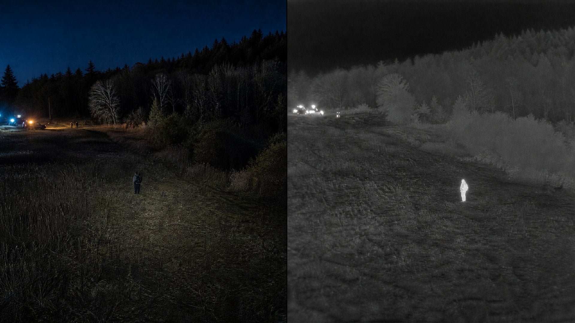 Side-by-side optical and thermal drone views during a nighttime open-field search
