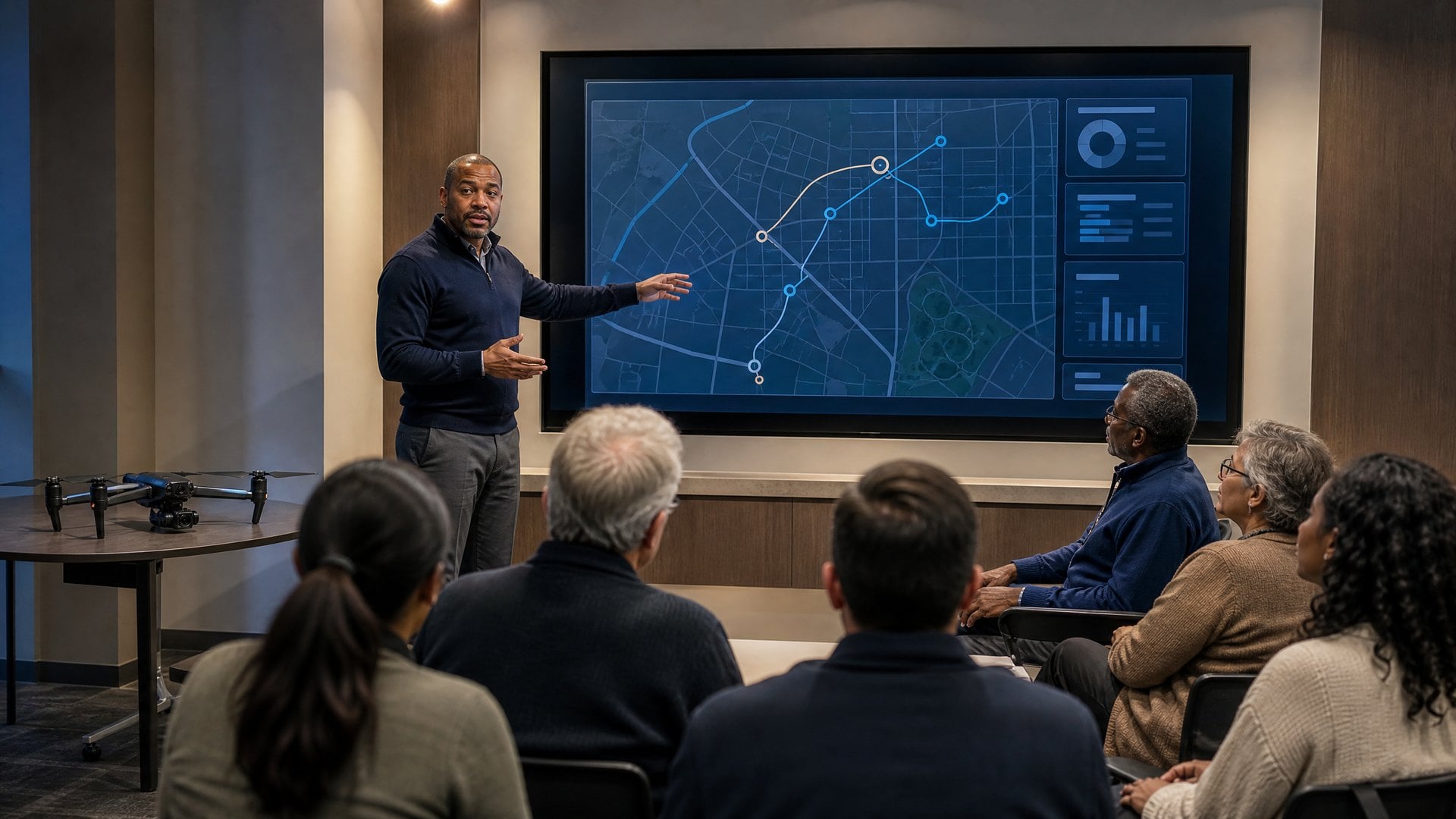 Public-safety drone program manager presenting a flight transparency dashboard at a community meeting