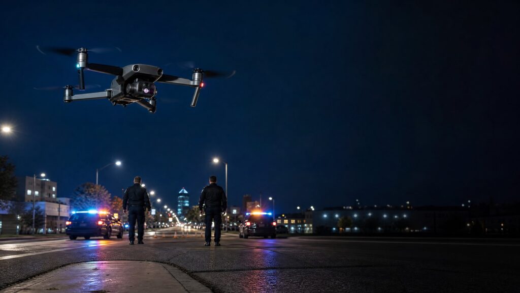 Police drone arriving above a nighttime traffic incident as officers approach