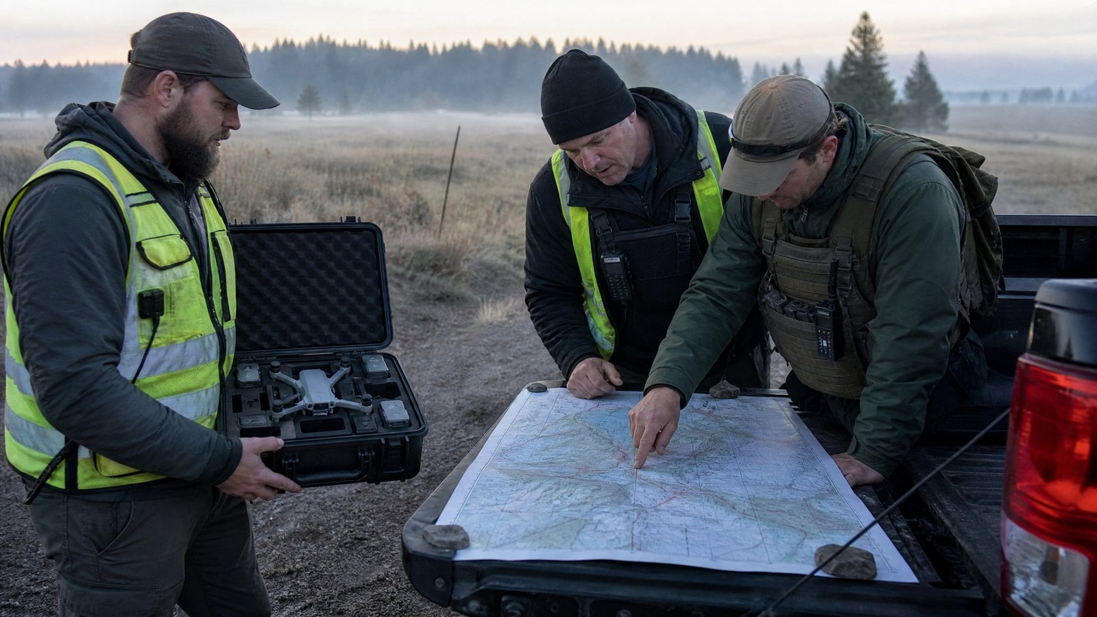 Drone pilot coordinating with incident command over a topographic map at a search and rescue staging area