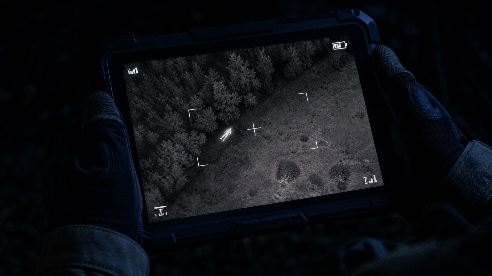 Thermal drone camera view showing a human heat signature at the edge of a tree line during a nighttime search and rescue sweep