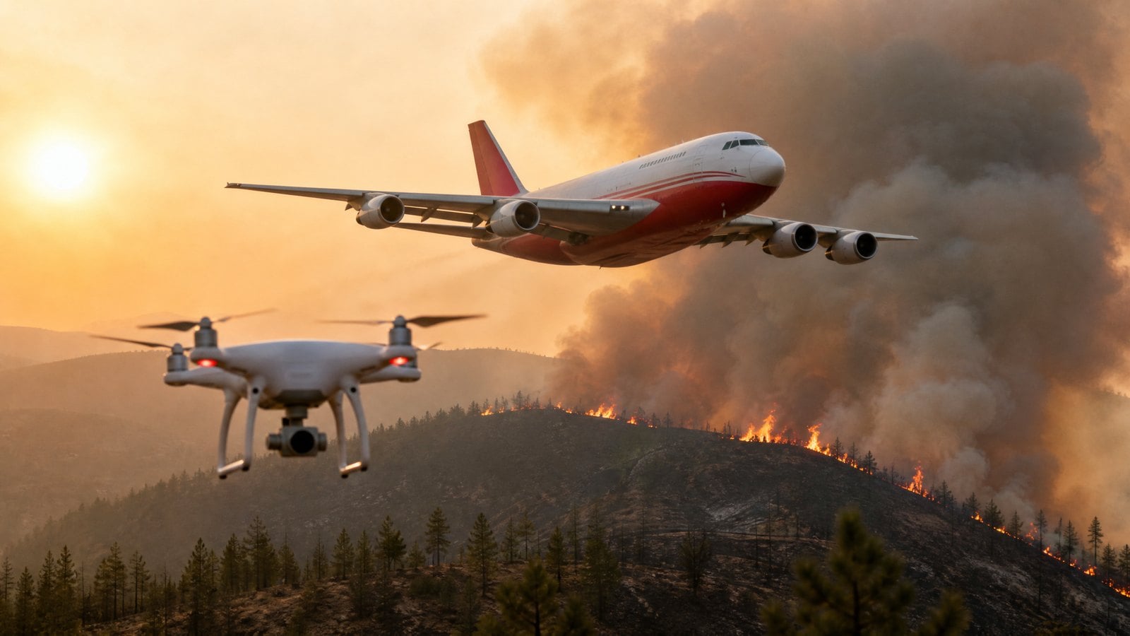 A small consumer drone hovering dangerously close to a low-flying aerial firefighting airtanker above a burning forest ridgeline