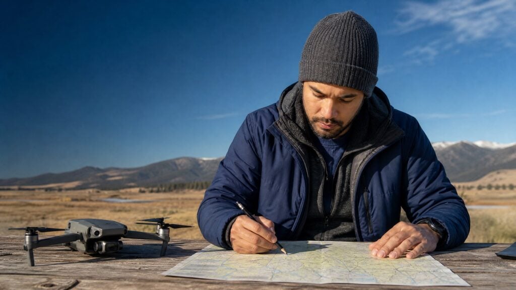 Drone pilot studying a chart before a flight with a grounded drone