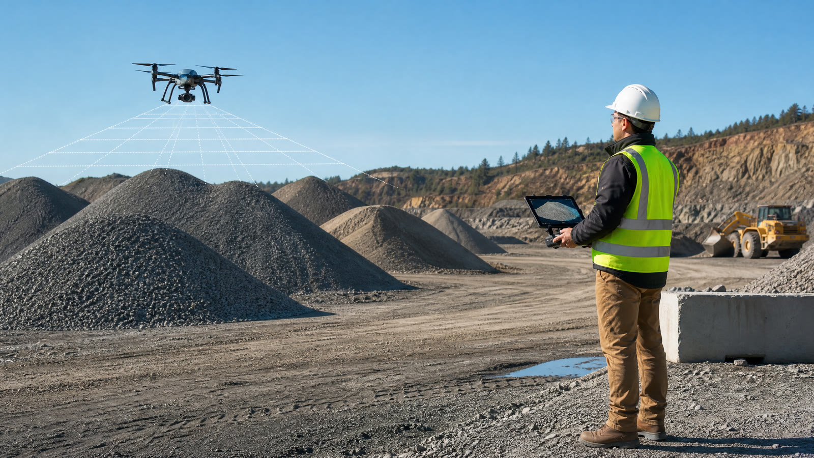 Commercial drone pilot mapping aggregate stockpiles at a mine site