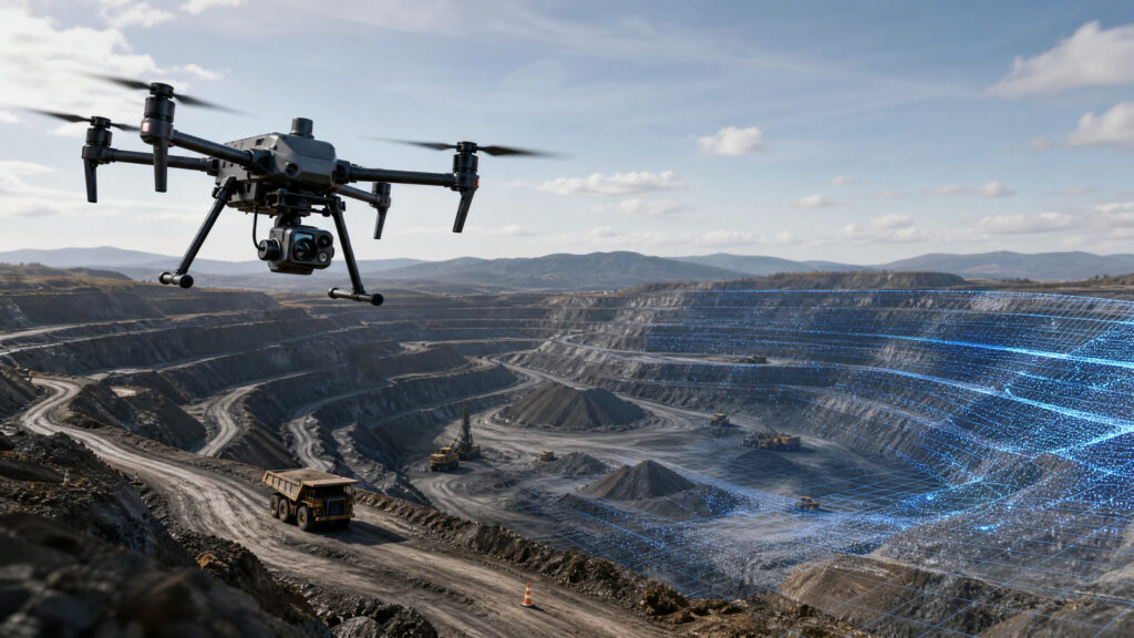 Enterprise mapping drone flying over an open-pit mine with a digital point-cloud overlay